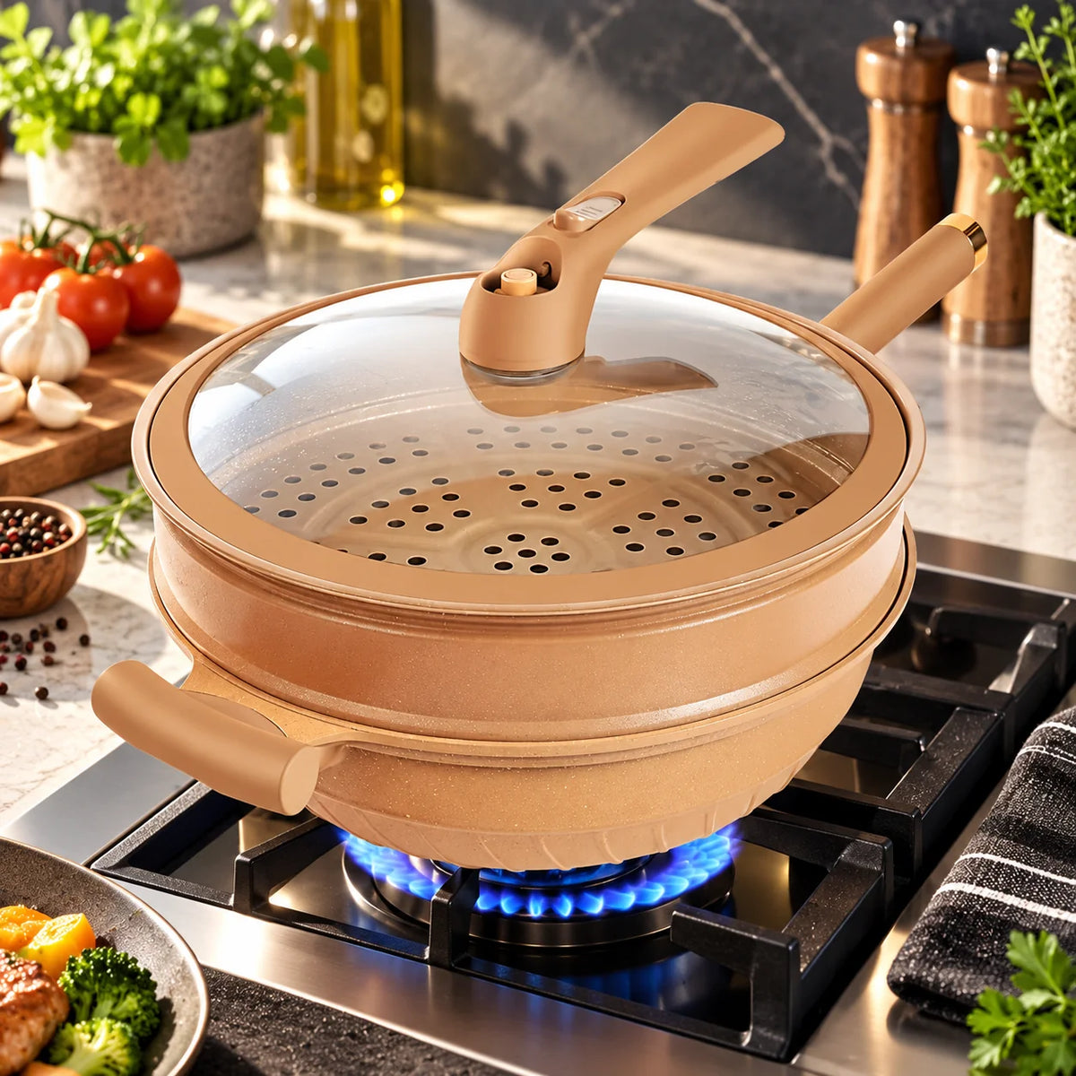 Wok 12 Inch Nonstick Aluminum Steamer & Glass Lid