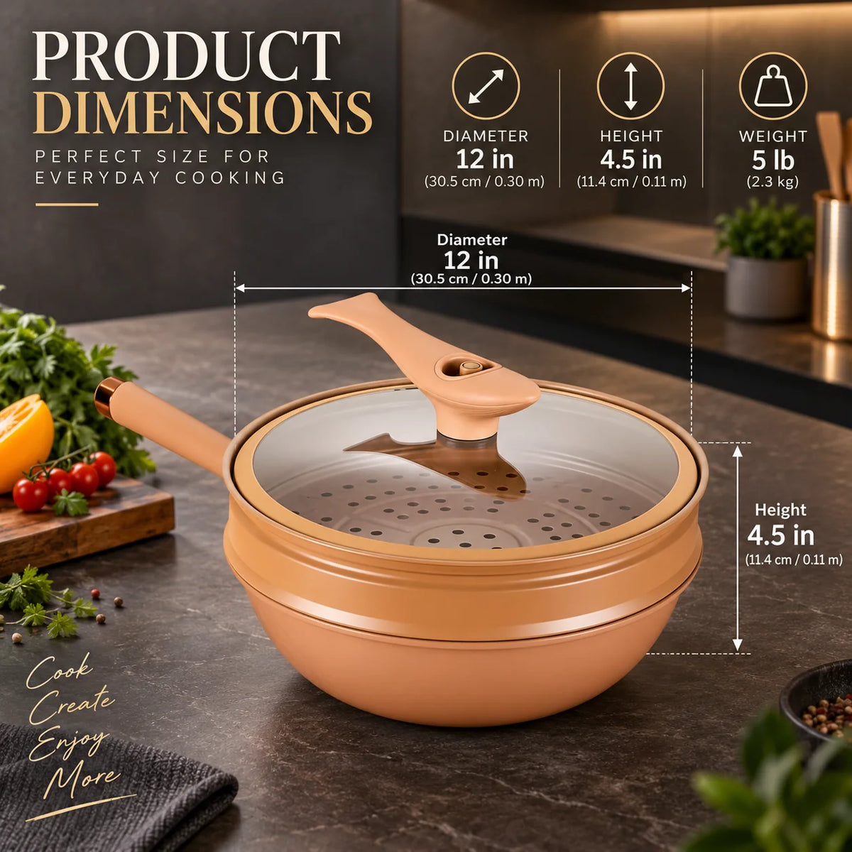 Wok 12 Inch Nonstick Aluminum Steamer & Glass Lid