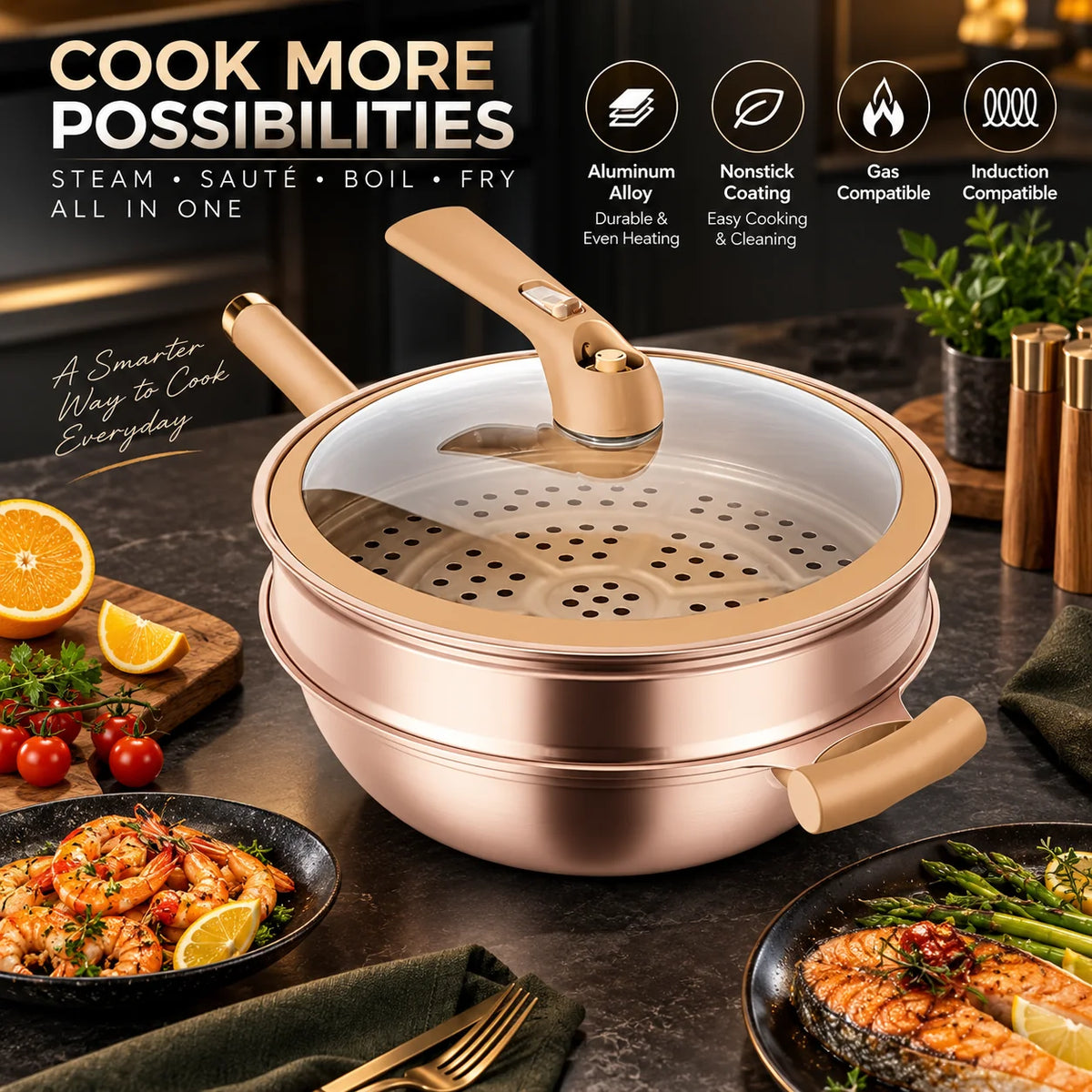 Wok 12 Inch Nonstick Aluminum Steamer & Glass Lid