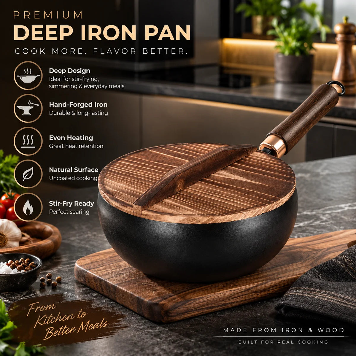 Wok Uncoated Iron Wooden Handle