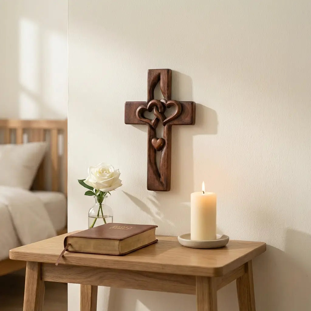 Wooden Wall Cross Hand-Carved Intertwined Hearts Ready To Hang