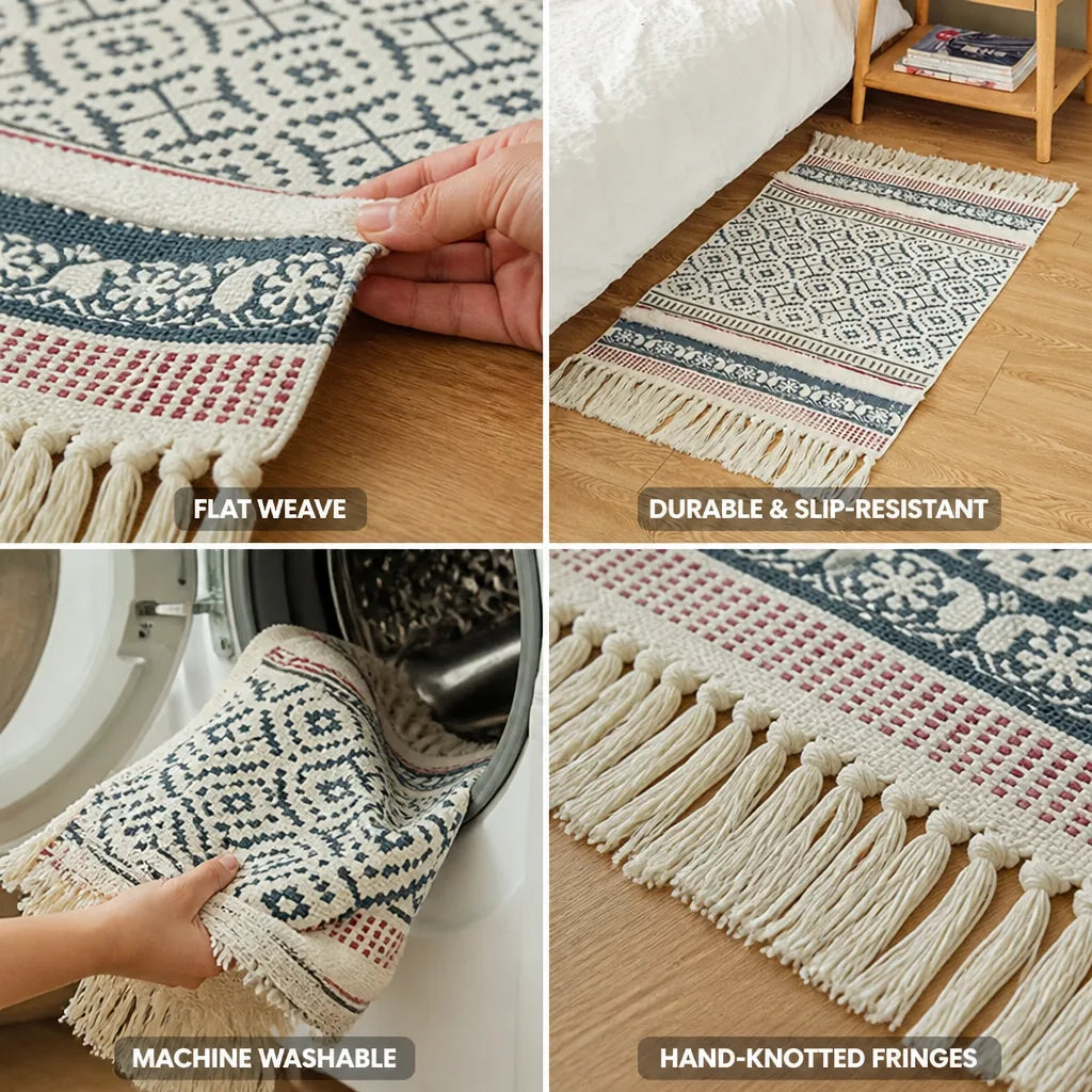 Woven Bed Runner Cotton Blend Low Pile Fringed Edges