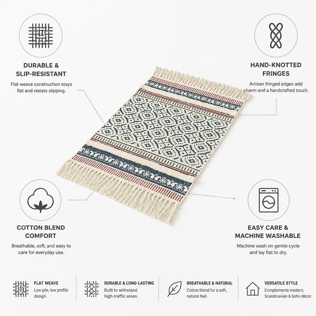 Woven Bed Runner Cotton Blend Low Pile Fringed Edges